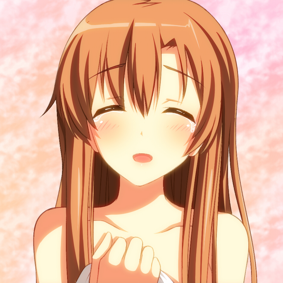 :d ^_^ asuna_(sao) bare_shoulders blush brown_hair bust ce11wa closed_eyes collarbone eyes_closed holding long_hair open_mouth smile solo sword_art_online