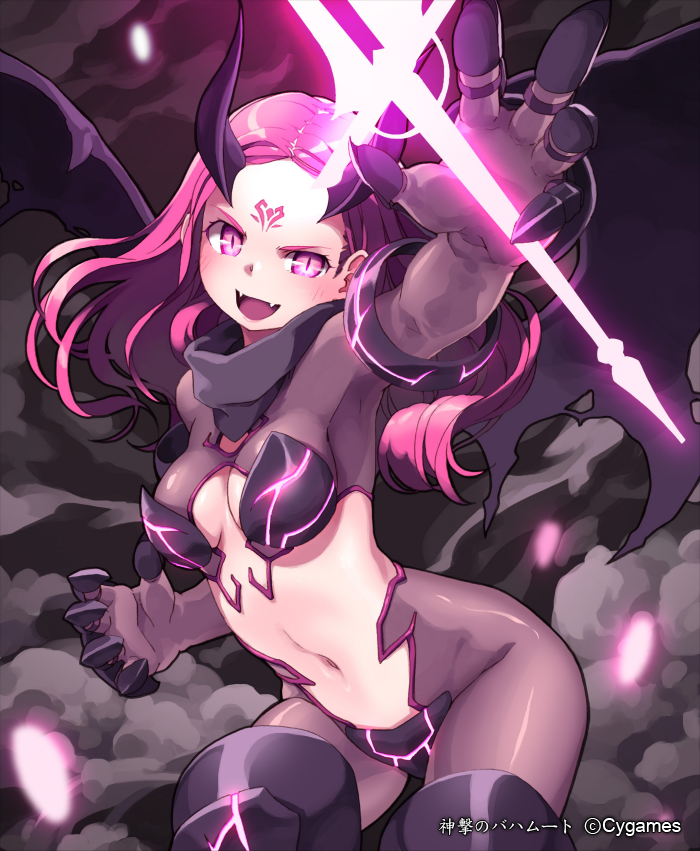 :d breasts claws cleavage corruption cygames demon_girl demon_wings facial_mark fangs forehead_mark horns lena_(zoal) long_hair looking_at_viewer luciella navel open_mouth pink_eyes pink_hair shingeki_no_bahamut slit_pupils smile solo wings