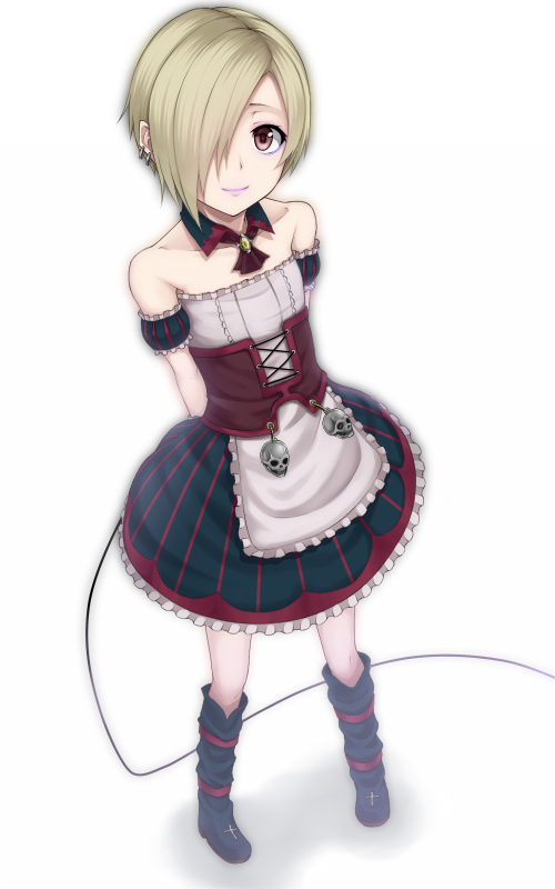 arms_behind_back bags_under_eyes bare_shoulders blonde_hair boots brown_eyes corset detached_sleeves dress earrings from_above hair_over_one_eye heisei_yutorin idolmaster idolmaster_cinderella_girls jewelry lipstick looking_at_viewer looking_up makeup puffy_sleeves shirasaka_koume short_hair simple_background skirt skull smile solo white_background