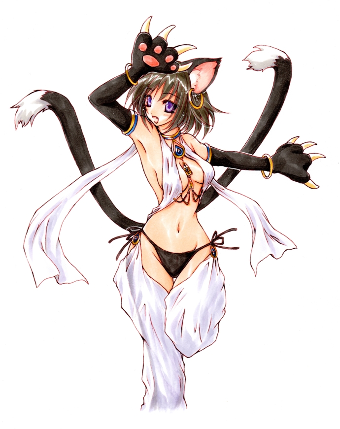 animal_ears arabian_clothes arm_up armpits bastet bikini black_hair bracelet breasts cat_ears cat_paws choker claws cleavage earrings fang jewelry looking_away mound_of_venus mudzuki multiple_tails navel necklace original paws purple_eyes raised_arm short_hair side-tie_bikini simple_background standing standing_on_one_leg swimsuit tail thigh_gap violet_eyes white_background
