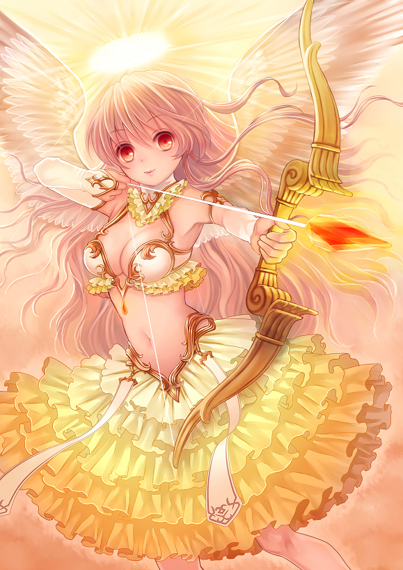 aiming angel arrow bad_id bow_(weapon) breasts cleavage elbow_gloves frilled_skirt gloves halo holding lips long_hair navel original pink_hair red_eyes solo weapon white_wings wings yamadaokutarou