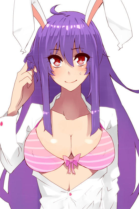 animal_ears bow bra breasts bunny_ears bust buttons cleavage collarbone dress_shirt hair_twirling jont large_breasts long_hair looking_at_viewer necktie open_clothes open_shirt pink_background purple_hair rabbit_ears red_eyes reisen_udongein_inaba shirt simple_background smile solo striped striped_bra sweat touhou underwear very_long_hair white_background