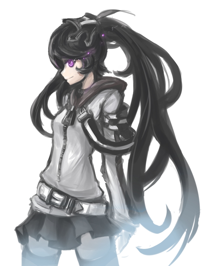 arceonn armband beltskirt black_hair black_rock_shooter hair_ornament hoodie insane_black_rock_shooter miniskirt purple_eyes skirt solo thigh-highs thighhighs twintails violet_eyes zettai_ryouiki