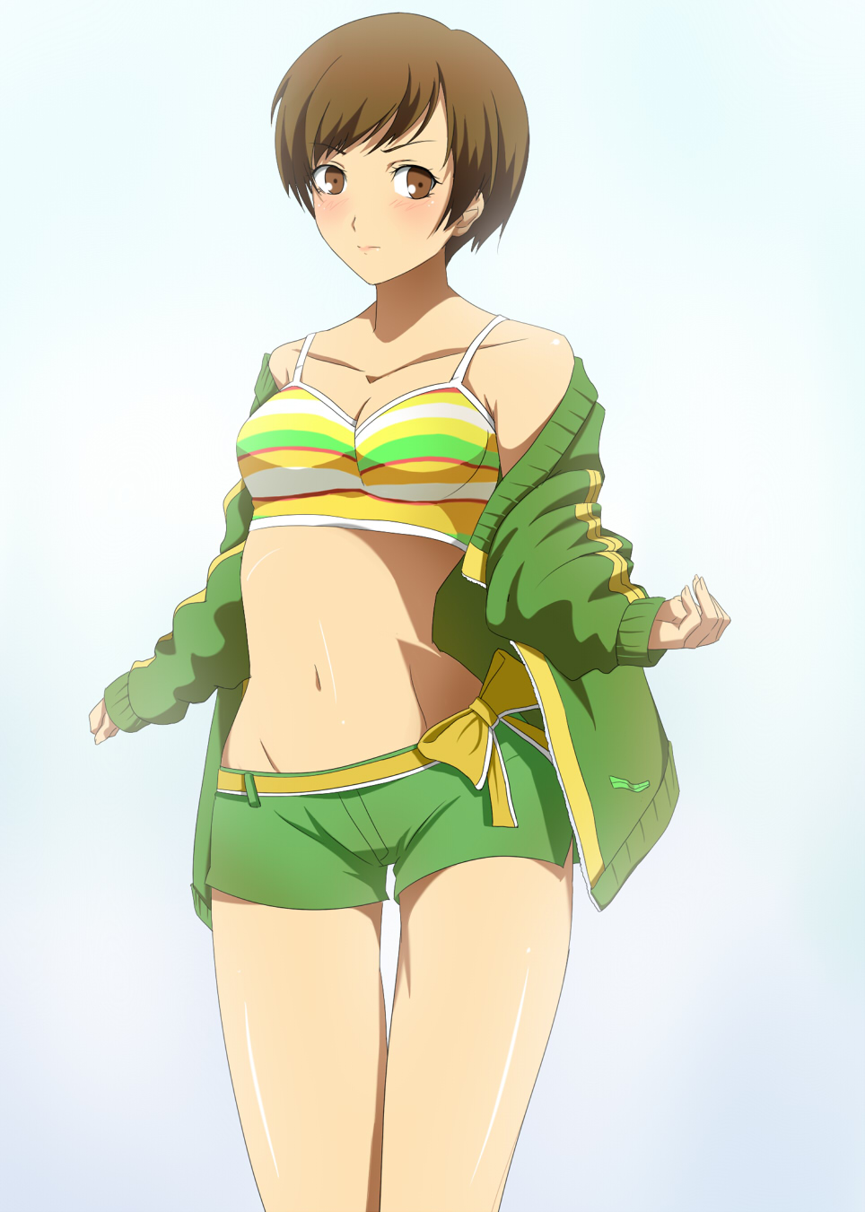 akou_(phoenix777) blush breasts brown_eyes brown_hair cleavage highres legs looking_at_viewer persona persona_4 satonaka_chie short_hair shorts solo standing thighs