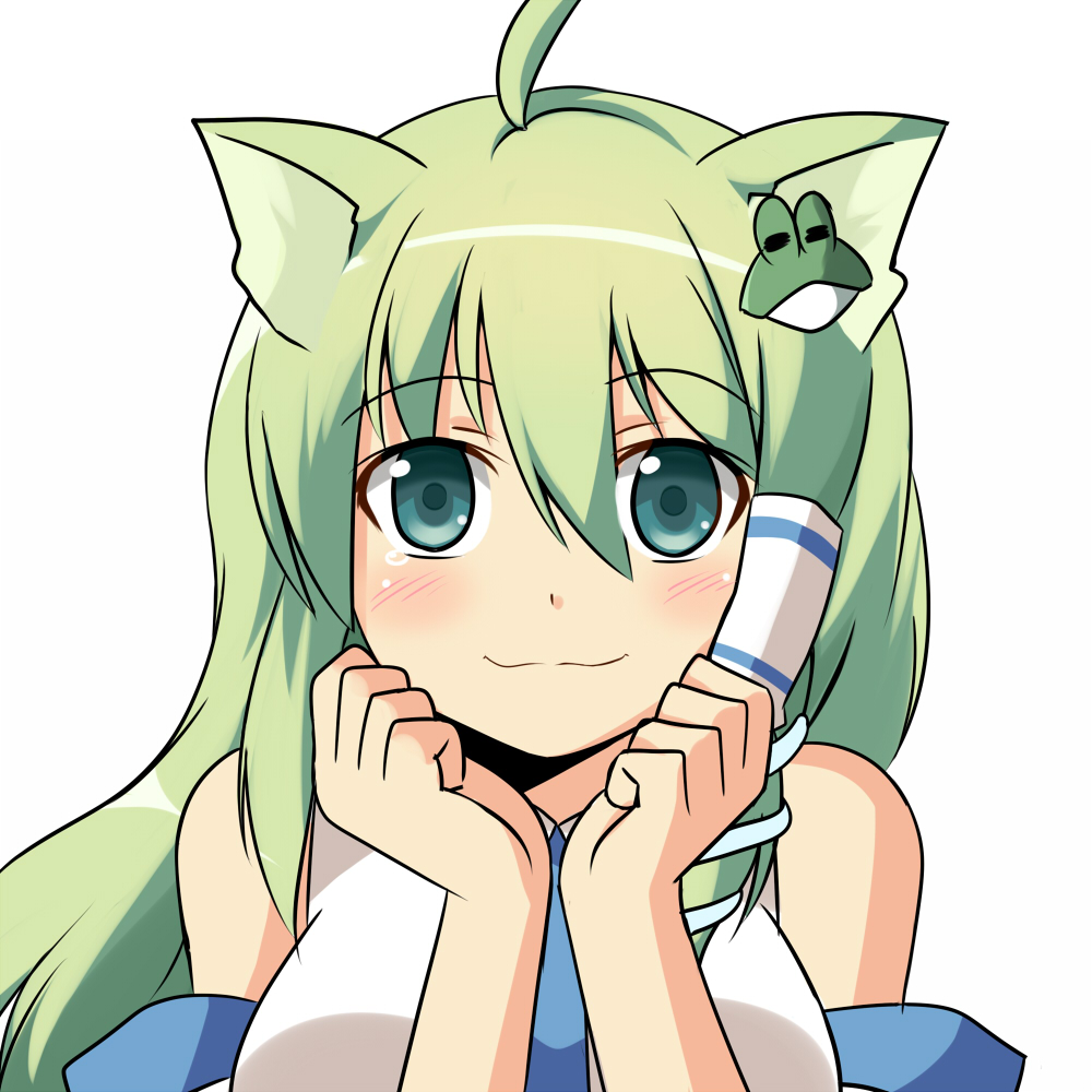 :3 ahoge animal_ears be_(o-hoho) blush cat_ears detached_sleeves frog_hair_ornament green_eyes green_hair hair_ornament kemonomimi_mode kochiya_sanae long_hair looking_at_viewer snake_hair_ornament solo tears touhou