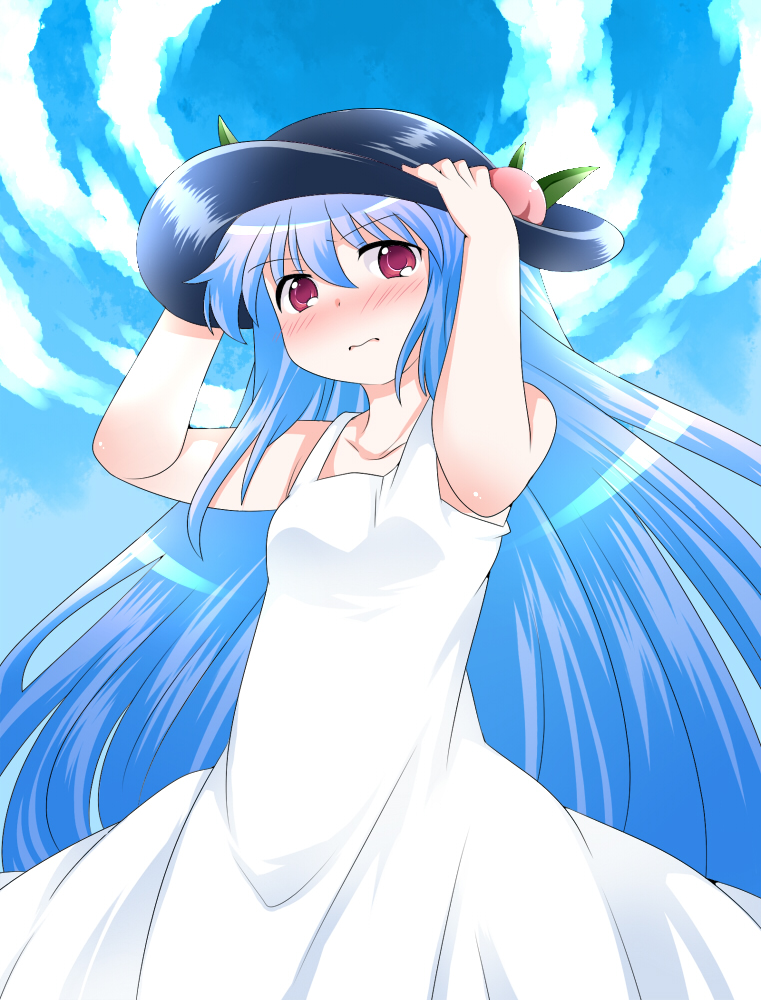 alternate_costume blue_hair blush cloud clouds dress food fruit hammer_(sunset_beach) hands_on_hat hat hinanawi_tenshi long_hair looking_at_viewer peach red_eyes sky solo touhou white_dress