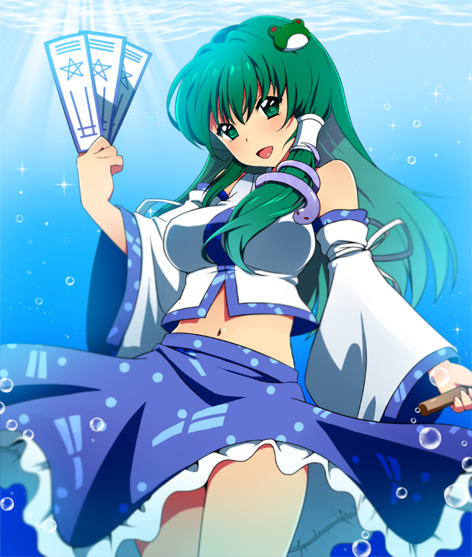 bangs bubble bubbles detached_sleeves dress frog_hair_ornament green_eyes green_hair hair_ornament hinnu@ao kochiya_sanae long_hair midriff navel snake_hair_ornament solo star star-shaped_pupils symbol-shaped_pupils touhou underwater