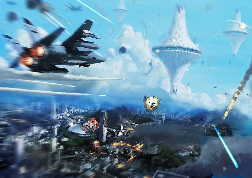 alien apocalypse bad_id bad_pixiv_id battle building city cloud clouds destruction epic explosion fighter_jet firing jet laser mig-31 missile motion_blur original pacazama science_fiction sky smoke space_craft ufo war