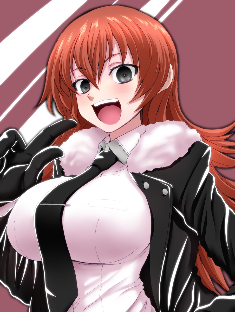 :d black_gloves black_hair blush breasts bust character_request gloves highres hoshigami_zena kurenai large_breasts long_hair necktie open_mouth red_hair redhead shirt smile solo watarui white_shirt