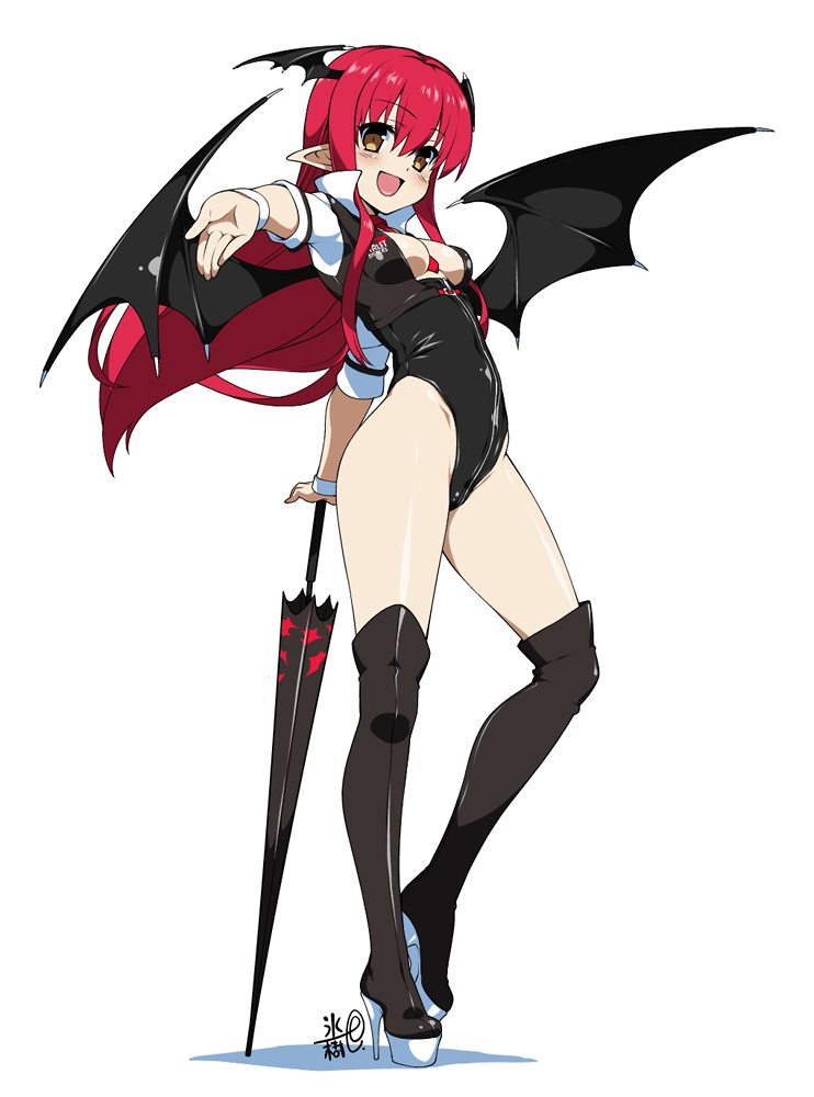 :d adapted_costume alternate_costume bare_hips between_breasts blush boots breasts cleavage cleavage_cutout clothed_navel demon_wings head_wings high_heels highleg highleg_leotard holding hyouju_issei koakuma leotard long_hair looking_at_viewer necktie open_mouth outstretched_arm outstretched_hand pointy_ears race_queen racequeen red_hair redhead shoes simple_background smile solo thigh-highs thigh_boots thighhighs touhou umbrella white_background wings wrist_cuffs yellow_eyes