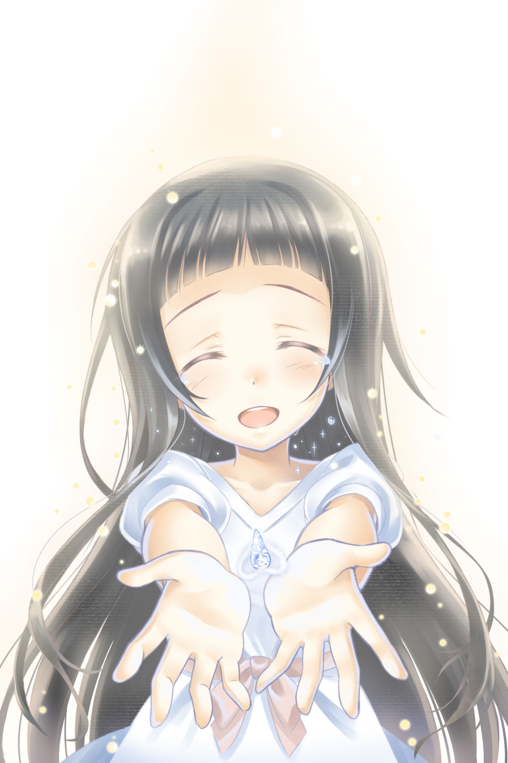 :d ^_^ black_hair blush closed_eyes dress eyes_closed highres long_hair okitakung open_mouth smile solo sparkle sword_art_online tears yui_(sao)