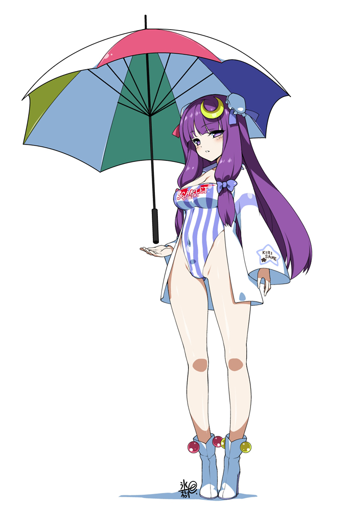 adapted_costume alternate_costume blush boots breasts cleavage crescent double_bun floating_object highleg highleg_leotard hyouju_issei leotard long_hair mound_of_venus no_hat no_headwear patchouli_knowledge purple_eyes purple_hair race_queen racequeen simple_background solo standing star striped touhou umbrella vertical_stripes violet_eyes white_background