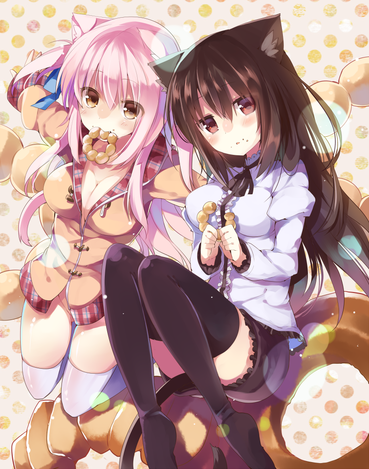 2girls animal_ears black_hair black_legwear blush breasts brown_eyes brown_hair cat_ears cat_tail character_name cleavage doughnut eating fang food food_on_face green_eyes holding looking_at_viewer mia_flatpaddy mishima_kurone mound_of_venus mouth_hold multiple_girls no_panties original pink_hair revision shia_flatpaddy sitting skirt solo tail thigh-highs thighhighs white_legwear