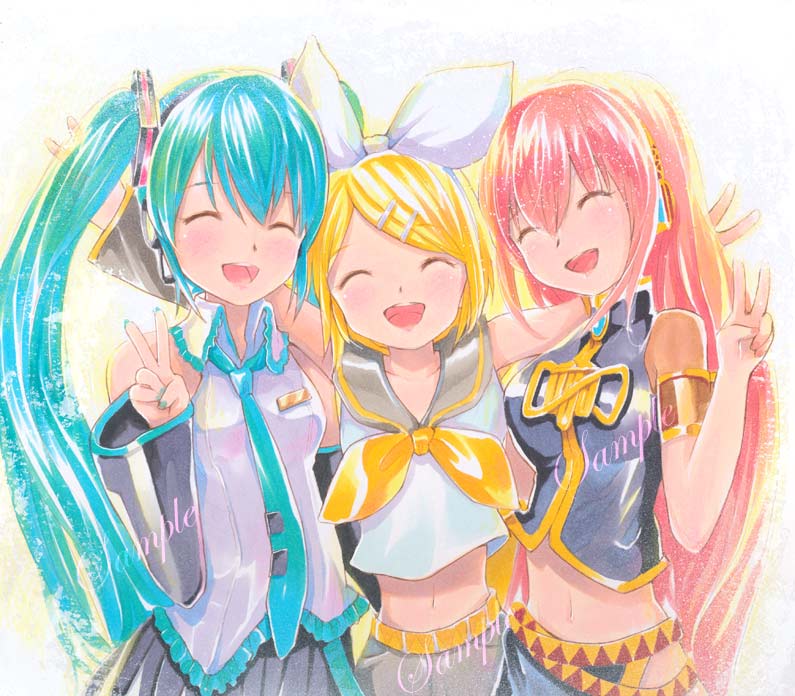:d ^_^ aqua_hair bare_shoulders blonde_hair blush closed_eyes detached_sleeves eyes_closed hair_ornament hatsune_miku headphones headset kagamine_rin long_hair mayo_riyo megurine_luka multiple_girls navel necktie open_mouth outstretched_arms pink_hair sample short_hair smile traditional_media twintails v very_long_hair vocaloid