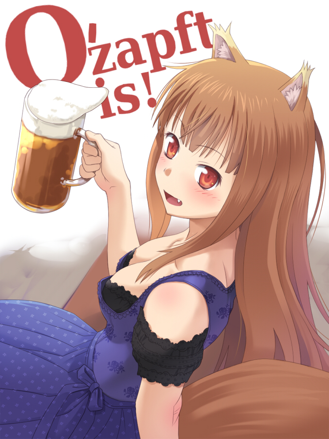 animal_ears beer blush breasts brown_hair cleavage dirndl down_blouse fang female floral_print german holo long_hair meow_(nekodenki) oktoberfest red_eyes solo spice_and_wolf tail text translated wolf_ears wolf_tail