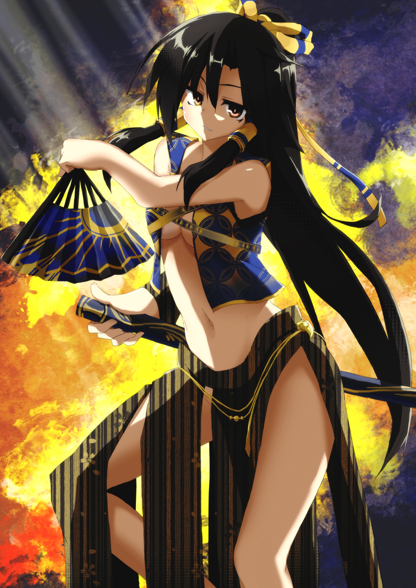 bare_shoulders black_hair bow breasts cleavage fan highres legs long_hair looking_at_viewer navel o_takana original skirt sleeveless smile solo sword vest weapon