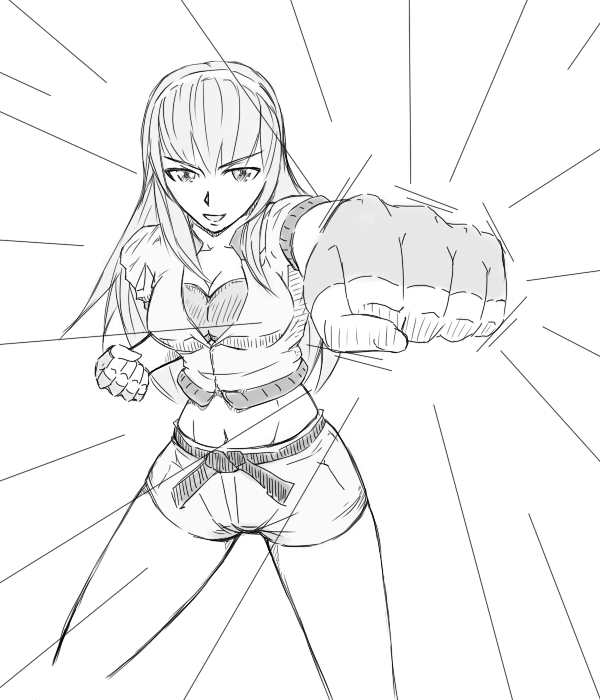 artist_request breasts cleavage dead_or_alive fighting_stance fingerless_gloves foreshortening gloves hairband hartman hitomi long_hair midriff monochrome navel punching short_shorts shorts solo underwear