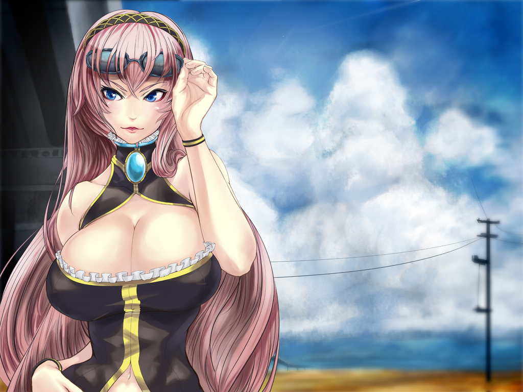 bangle blue_eyes bracelet breasts brooch cleavage cloud clouds ekoda_(piapro) frills hairband huge_breasts jewelry large_breasts long_hair megurine_luka navel pink_hair pole power_lines sky sleeveless smile solo sunglasses sunglasses_on_head vocaloid wristband
