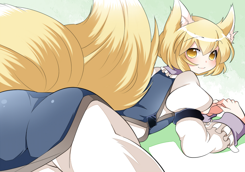 aenobas animal_ears ass blonde_hair blush brown_eyes fox_ears fox_tail from_behind hammer_(sunset_beach) lying multiple_tails no_hat no_headwear on_stomach short_hair smile solo tabard tail touhou yakumo_ran yellow_eyes