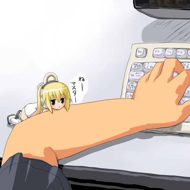 :&lt; arnval blonde_hair blue_eyes busou_shinki computer_keyboard dd_(artist) long_hair minigirl translated