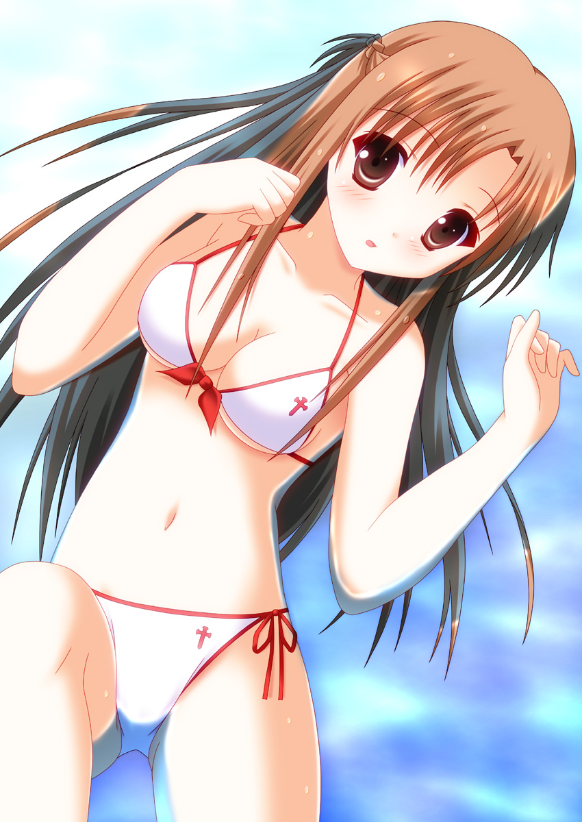 asuna_(sao) bikini black_hair brown_eyes brown_hair highres long_hair misumi_natsuki multicolored_hair swimsuit sword_art_online two-tone_hair