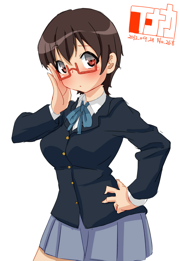 brown_eyes brown_hair glasses inaka_keikou k-on! manabe_nodoka red-framed_glasses school_uniform semi-rimless_glasses short_hair under-rim_glasses