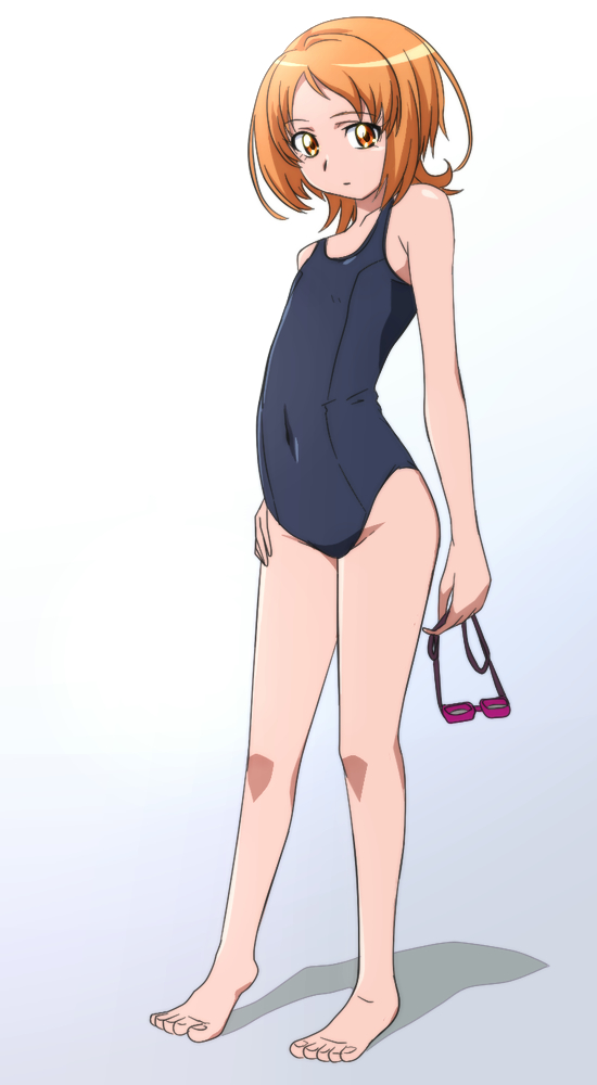 bad_feet barefoot glasses holding holding_glasses manji_(tenketsu) orange_eyes orange_hair pink-framed_glasses precure school_swimsuit shirabe_ako short_hair solo suite_precure swimsuit tenketu