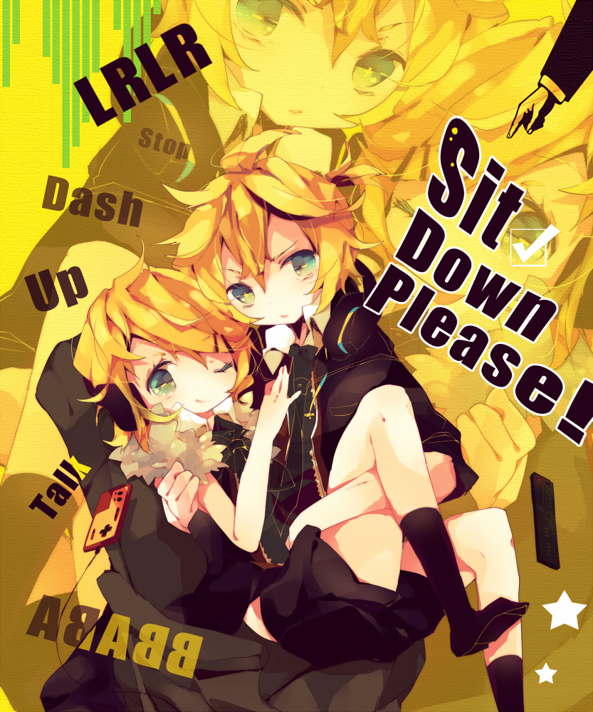 1girl ana_(rznuscrf) blonde_hair brother_and_sister chair controller fur_collar hair_ornament hairclip headphones headphones_around_neck kagamine_len kagamine_rin nes project_diva project_diva_f remote_control rimocon_(vocaloid) short_hair siblings smile twins vocaloid wink