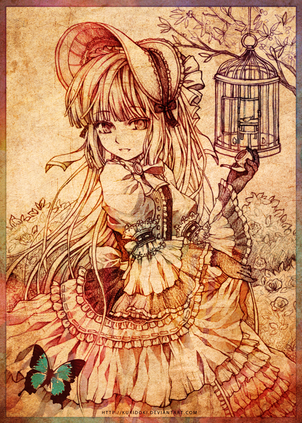 birdcage bonnet border bowtie branch brooch butterfly cage charcoal_(medium) clothes_grab dress flower frilled_dress frilled_sleeves frills gloves gosick gown gradient graphite_(medium) jewelry kuridoki light_smile lolita_fashion long_hair monochrome pipe rose sepia traditional_media victorica_de_blois watermark web_address wide_sleeves