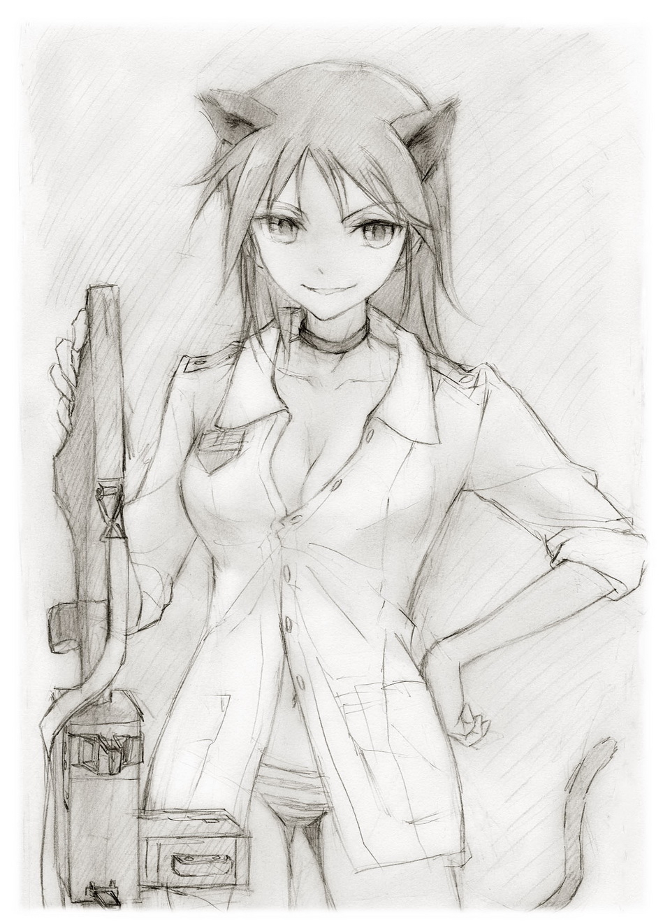 adult animal_ears breasts cat_ears cat_tail choker cleavage francesca_lucchini gun highres kisetsu military military_uniform monochrome no_pants panties sketch sleeves_rolled_up solo strike_witches striped striped_panties tail traditional_media underwear uniform weapon