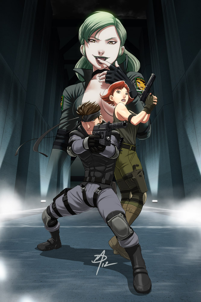 1boy 2girls aiming back-to-back bandana bandanna black_lipstick breasts brown_hair choker cleavage daniel_macgregor elbow_pads finger_licking fingerless_gloves gloves green_hair gun headband hk_mark_23 holster knee_pads licking meryl_silverburgh metal_gear metal_gear_solid multiple_girls open_clothes open_jacket pistol red_hair redhead short_hair signature sneaking_suit sniper_wolf solid_snake suppressor twintails weapon yellow_eyes