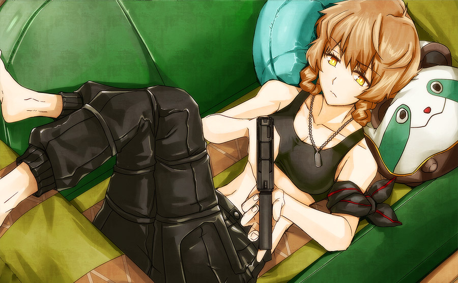 amane_suzuha ame_noti_hare armband bare_shoulders barefoot braid brown_hair couch crossed_legs gun jewelry legs_crossed lying midriff necklace on_back pants short_hair sitting solo steins;gate twin_braids weapon yellow_eyes