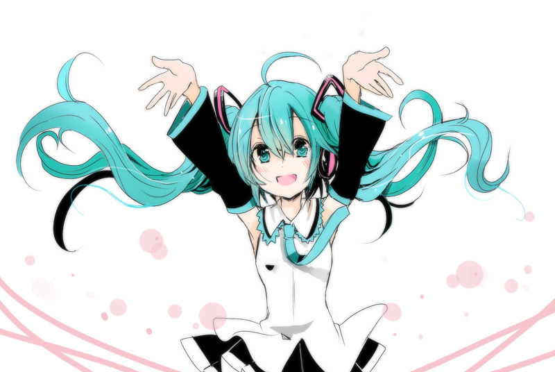 arms_up blush detached_sleeves green_eyes green_hair hatsune_miku lab long_hair open_mouth smile solo vocaloid