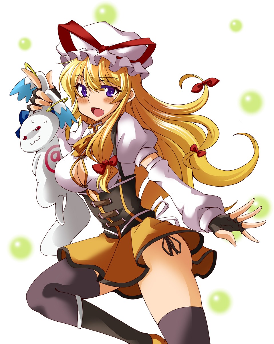 &#9320; :3 ? black_gloves blonde_hair blush boots bow breasts cirno cleavage corset cosplay detached_sleeves ear_grab fingerless_gloves gloves hair_bow hair_ribbon hat hat_ribbon highres kyubey large_breasts leg_up long_hair long_sleeves looking_at_viewer magical_girl mahou_shoujo_madoka_magica miniskirt open_clothes open_mouth open_shirt outstretched_arm outstretched_hand panties purple_eyes purple_legwear red_eyes ribbon saipin shirt side-tie_panties skirt sweat thigh-highs thighhighs tomoe_mami tomoe_mami_(cosplay) touhou underwear upskirt violet_eyes yakumo_yukari zettai_ryouiki â‘¨