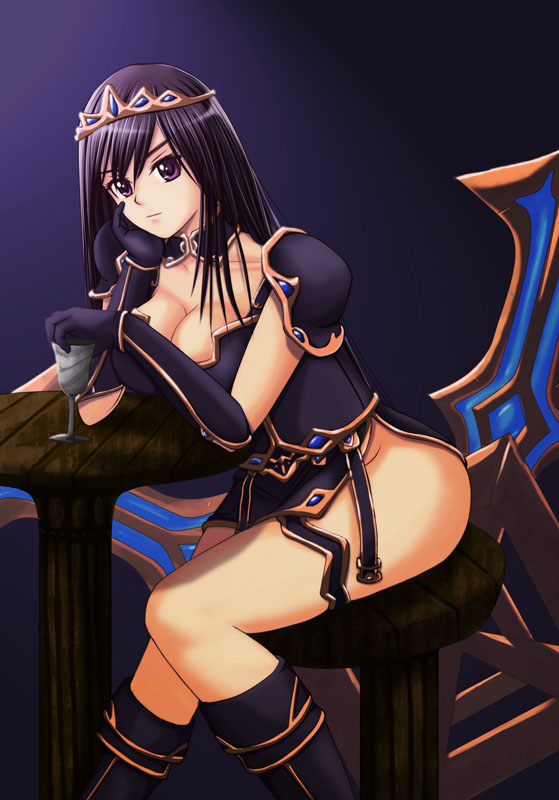 armor black_hair boomerang boots breasts chair choker cleavage glass gloves hand_to_chin league_of_legends long_hair purple_eyes seiryuu_zaiten shoulder_pads sitting sivir solo table thigh_strap tiara vambraces violet_eyes weapon