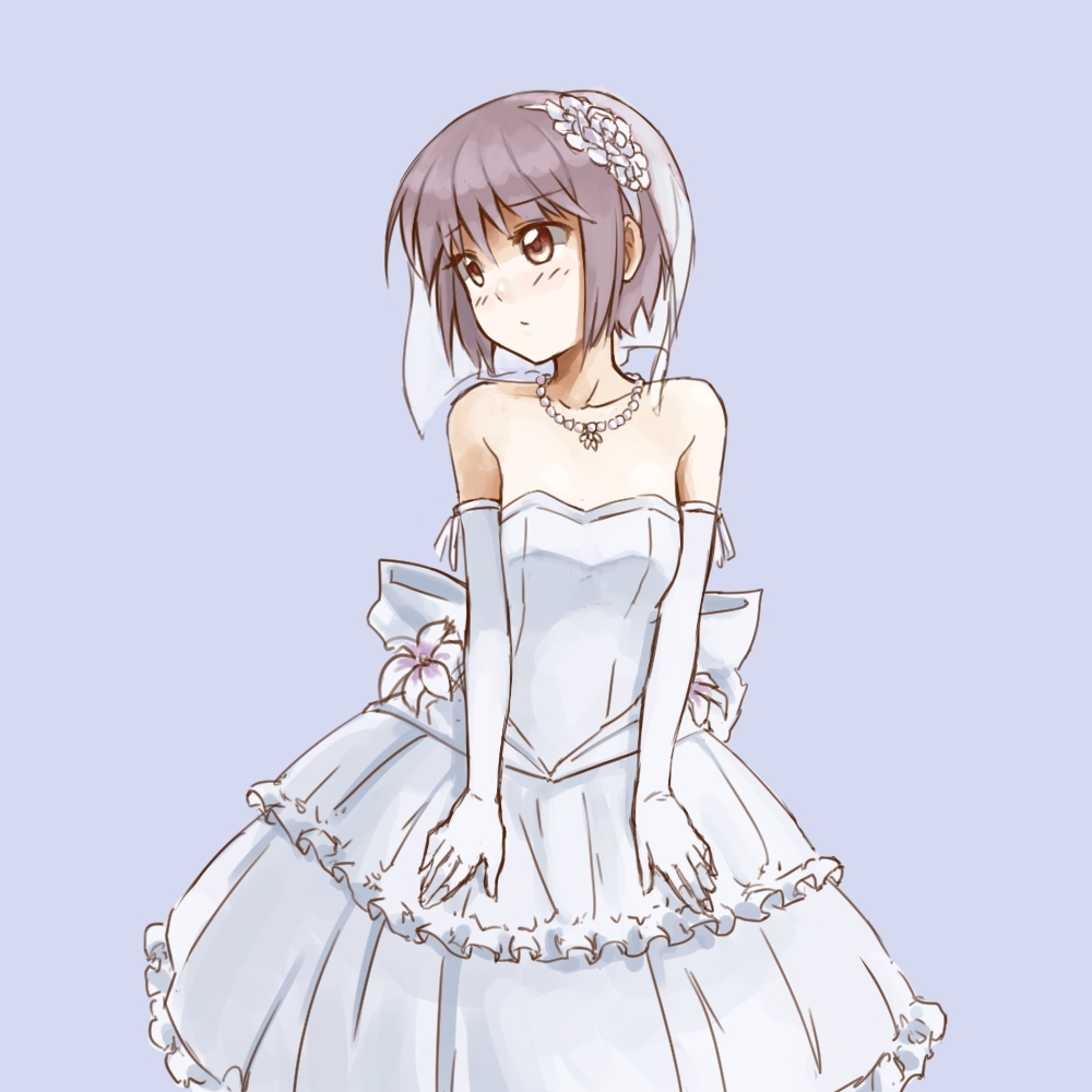 bare_shoulders blush bridal_veil dress elbow_gloves frills gloves imageboard_colors jewelry nagato_yuki necklace pas_(paxiti) pearl_necklace purple_hair short_hair simple_background solo strapless_dress suzumiya_haruhi_no_yuuutsu veil wedding_dress white_dress white_gloves yellow_eyes