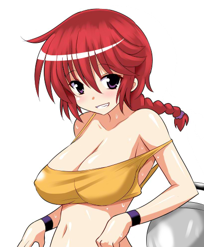 bare_shoulders blush braid breasts cleavage crop_top genderswap grin konno_tohiro large_breasts looking_at_viewer lowres navel off_shoulder purple_eyes ranma-chan ranma_1/2 red_hair redhead saotome_ranma shiny shiny_skin short_hair simple_background single_braid smile solo strap_slip taut_shirt violet_eyes white_background wristband