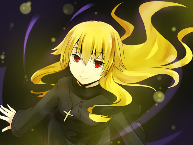 blonde_hair cassock cross cross_necklace fate/protoreplica genderswap gilgamesh long_hair red_eyes sada_(sadahalu) smile solo