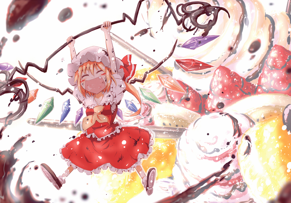 ascot blonde_hair blush_stickers closed_eyes explosion eyes_closed flandre_scarlet happy hat joyfull_(terrace) laevatein long_hair open_mouth side_ponytail skirt skirt_set solo touhou wings