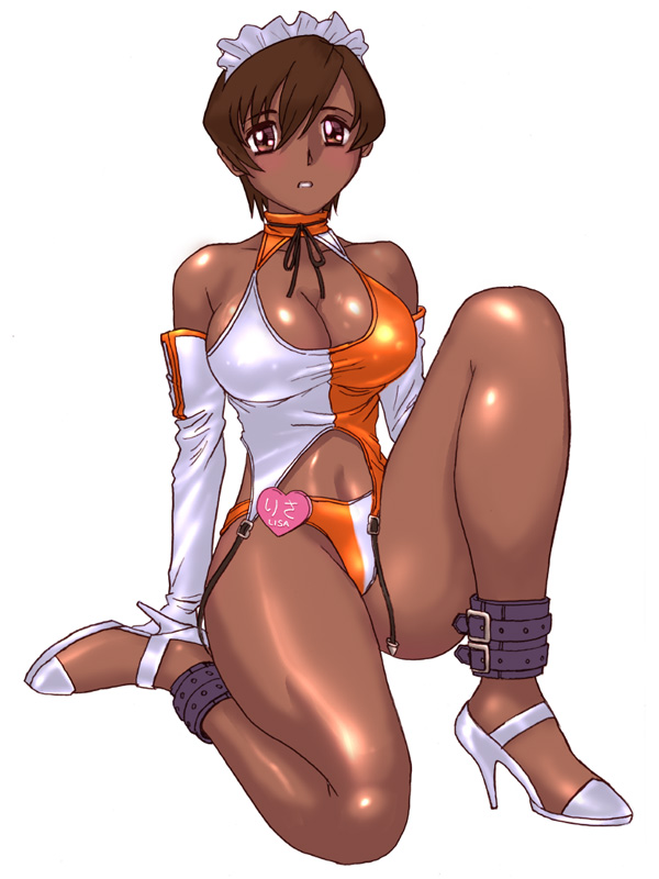 anklet blush breasts brown_eyes brown_hair cleavage dark_skin dead_or_alive detached_sleeves halterneck high_heels jewelry large_breasts lisa_hamilton maid_headdress race_queen racequeen shiny shiny_skin shoes short_hair sitting solo swimsuit zero_hime
