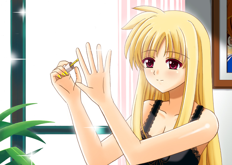bare_shoulders blonde_hair breasts camisole cleavage fate_testarossa light_smile lingerie long_hair lyrical_nanoha mahou_shoujo_lyrical_nanoha_strikers nail_polish ookawa_wataru painting_nails red_eyes solo underwear very_long_hair window