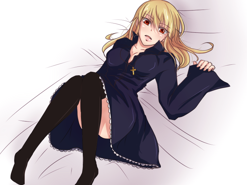 1girl black_dress black_legwear blonde_hair blush breasts cassock cleavage cross cross_necklace dress edge_(ens18) fate/protoreplica fate/stay_night fate_(series) genderswap gilgamesh knees_together_feet_apart long_hair on_back red_eyes solo thigh-highs thighhighs