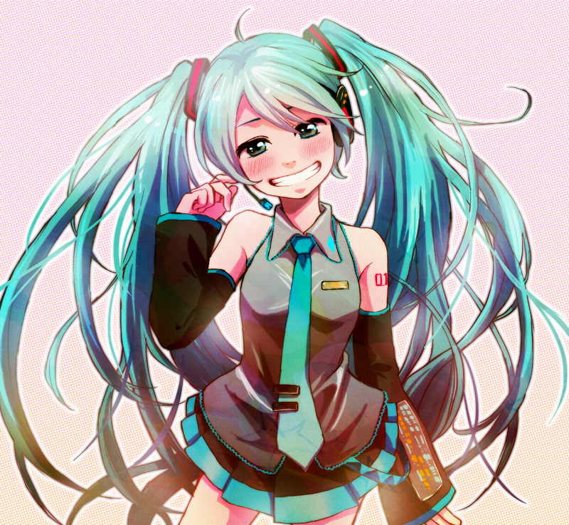 aqua_eyes aqua_hair bare_shoulders blush detached_sleeves grin hatsune_miku headset long_hair looking_at_viewer necktie ryouga_(fm59) skirt smile solo twintails very_long_hair vocaloid