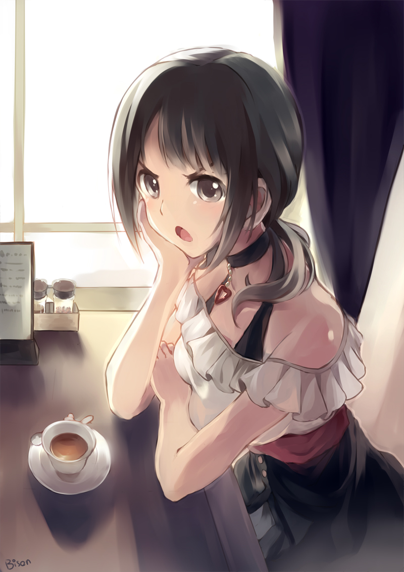 &gt;:o artist_name bare_shoulders bisonbison black_eyes black_hair chin_rest cup curtains heart heart_necklace okita_sawa saucer sitting solo tari_tari twintails window