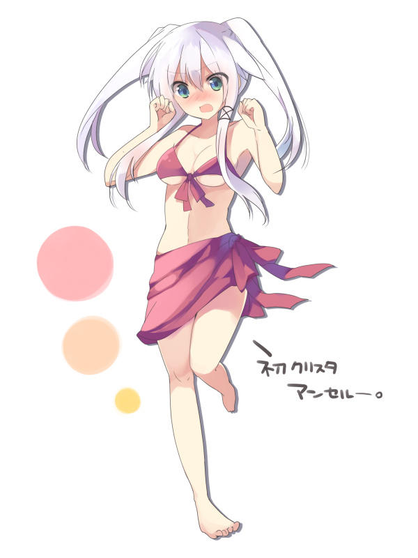 arms_up bare_shoulders barefoot bikini blue_eyes blush breasts cleavage embarrassed frown jpeg_artifacts long_hair mishima_kurone no_nose original sleeveless solo standing_on_one_leg swimsuit white_hair