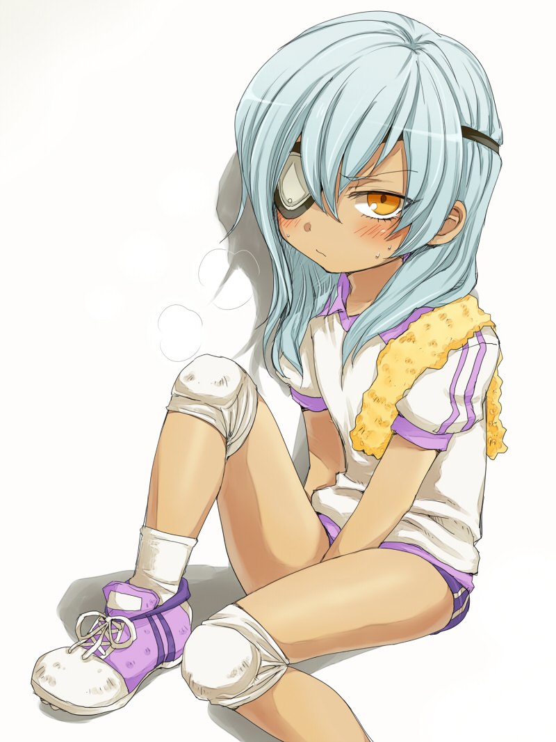 aqua_hair blue_hair blush buruma child eyepatch footwear inazuma_eleven inazuma_eleven_(series) long_hair niji_(nijioki) sakuma_jirou shoes shota sitting sneakers socks solo sweat towel trap yellow_eyes