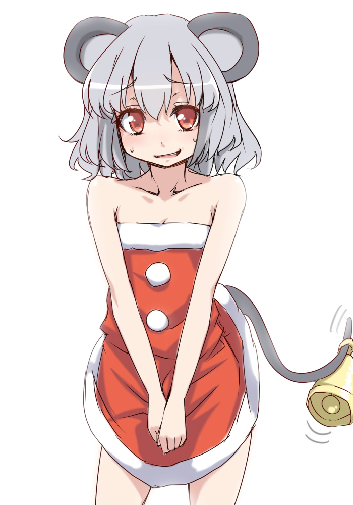 animal_ears bare_shoulders bell grey_hair looking_at_viewer mouse_ears mouse_tail nazrin prehensile_tail red_eyes santa_costume short_hair simple_background solo tail tail_hold tori_(minamopa) touhou v_arms white_background