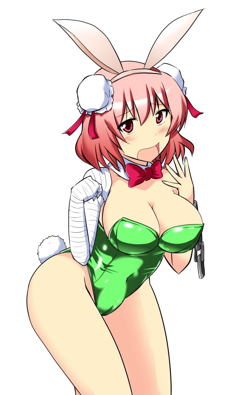 animal_ears bandage bandages bare_shoulders bowtie breasts bun_cover bunny_ears bunny_girl bunny_tail bunnysuit chain chains chinese_clothes cleavage detached_collar double_bun highres ibaraki_kasen open_mouth pink_eyes pink_hair rabbit_ears short_hair solo tail touhou wrist_cuffs yuzuhito