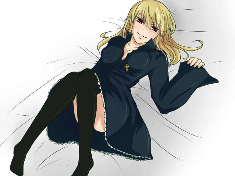 1girl black_dress black_legwear blonde_hair blush breasts cassock cleavage cross cross_necklace dress edge_(ens18) fate/protoreplica fate/stay_night fate_(series) genderswap gilgamesh knees_together_feet_apart long_hair on_back red_eyes smile solo thigh-highs thighhighs