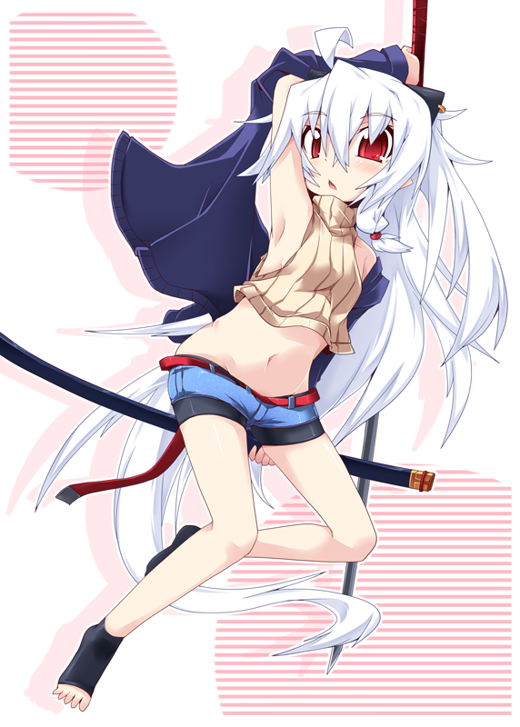 armpits barefoot belt bike_shorts cat_ears denim denim_shorts feet jacket legwear_under_shorts long_hair midriff navel off_shoulder original pointy_ears red_eyes reku shiroko_(reku) short_shorts shorts sleeveless solo sword toeless_socks toes very_long_hair weapon white_hair